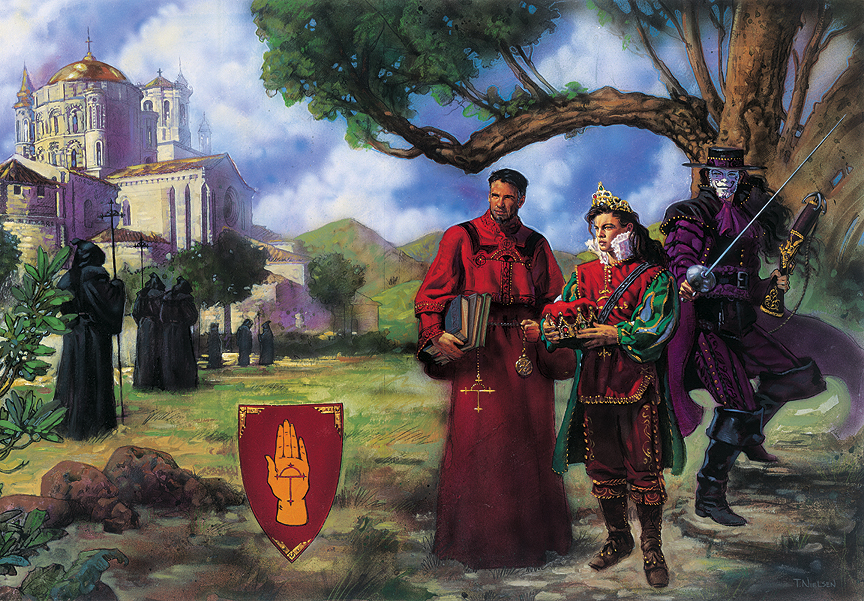 The cover to the Castille nation book. To the left is the head of the Inquisition (who believes himself a hero), to the right is the mysterious El Vago, who protects the people against persecution, and in the middle is the "Boy King", who may remind you of a young Leonardo DiCaprio.. that's who it was modeled after.